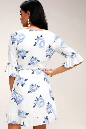 Lulus Pretty Peony Blue and White Floral Print Wrap Dress thumbnail 3