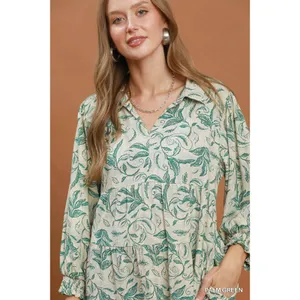 Umgee Linen Botanical Print Tiered Midi Dress - Palm Green - Small thumbnail 5