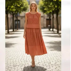 NWT $148 Jennifer & Grace 2PCS Set Eyelet Auburn Rust Terracotta Orange Large thumbnail 2