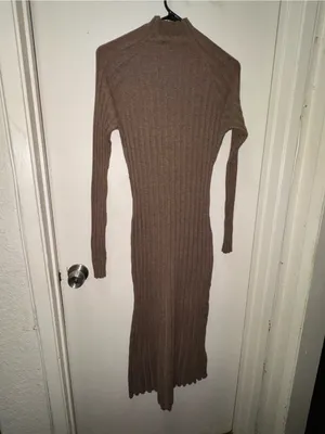Mango Ribbed Long-Sleeve Midi Dress in Brown thumbnail 8