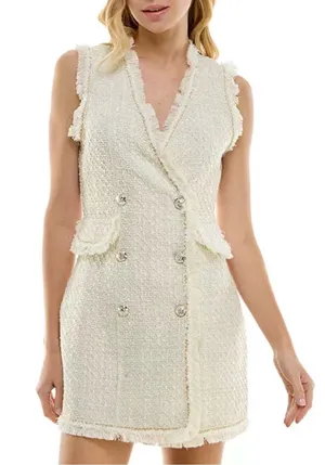 Trixxi cream bouclé tweed double breasted metallic mini blazer vest dress fringe thumbnail 1