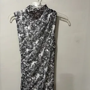 Betsey Johnson sleeveless Midi dress Mock‎ Neck Sleeveless XS Black White Floral thumbnail 7