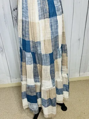 Easel Los Angeles Patchwork Midi Dress Womens Sz L Blue Tan Boho Textured NWT thumbnail 10