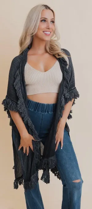Boutique Sun Bleached Kimono With Fringe thumbnail 1