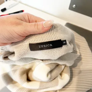 Zesica Long Sleeve V Neck Striped Polo Pullover Sweater Tan White Small thumbnail 3