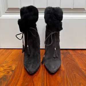 Oscar De La Renta Suede and Real Fur Heeled Ankle Booties Grey 9.5 40 thumbnail 3