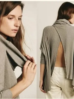 FP Beach Free People Tan/Brown “World Traveler” Cowl Neck Open Back Pullover thumbnail 3