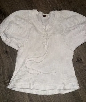 Free People Cream Lace-Up Puff Sleeve Tunic thumbnail 1