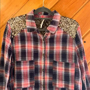 Free people little bit of sugar red plaid sequin flannel shirt thumbnail 6