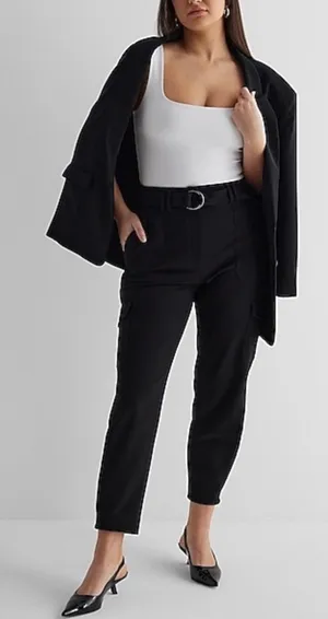 Express Super High Rise Cargo Trousers Black Belted Tapered Ankle Pants Size 4 thumbnail 1