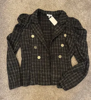 TCEC Black Tweed Double-Breasted Puff Shoulder Jacket with Gold Buttons thumbnail 1