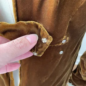 Vintage 70s Brown Velvet Maxi Dress Lace Collar Cuff XS thumbnail 9