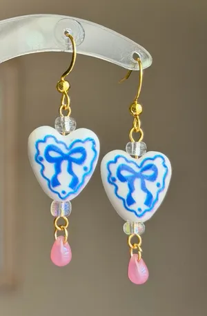 Handmade cottage fairy whimsy style heart ribbon dangle earrings🎀🩵 thumbnail 1
