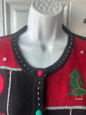 Vintage Karen Scott Holiday Cardigan Black Red Embroidered Ornaments M thumbnail 3