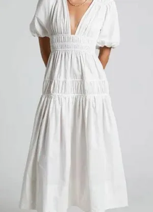 NWT showpo MELLIE MIDI DRESS - PUFF SLEEVE PLUNGE TIERED DRESS IN WHITE thumbnail 3