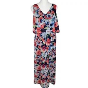 Blue Orange Floral Maxi Dress M V Neck Crisscross Back Summer Boho thumbnail 2