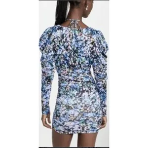 AFRM Ruched Deep V neck Floral Knit MINI Dress Puff Sleeve Retail Size Large thumbnail 2