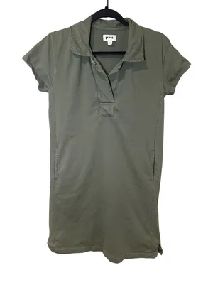 Pact Organic Cotton Polo Collared Shirt Dress Olive Green Pockets Size Small thumbnail 1