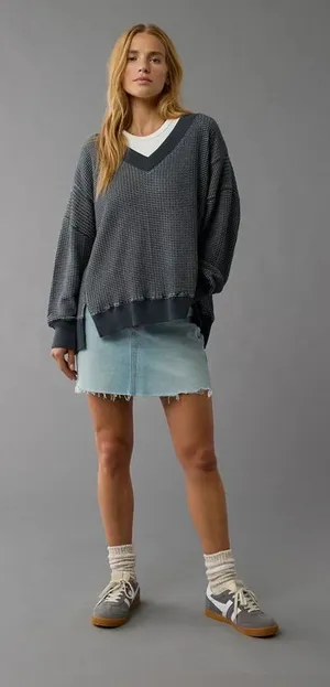 AE Big Hug V-Neck Waffle Navy Sweatshirt thumbnail 1