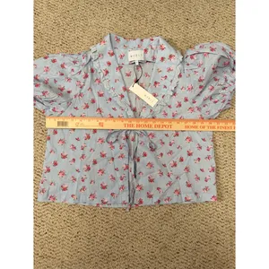 NWT Blue Floral Puff Sleeve Tie Front Cottagecore Praire‎ Blouse Small MABLE thumbnail 7