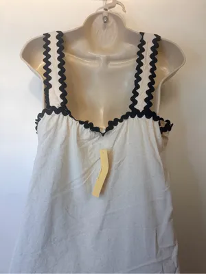 4our Dreamers Size L Cream Linen Blend Dress Black Rickrack Trim Square Neck NWT thumbnail 8