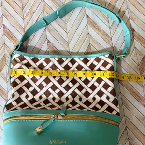 Spartina 449 Madison Stanley Bucket Bag Linen Liner Leather Teal Brown Geometric thumbnail 12