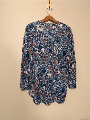 Tory Burch Long Sleeve Blue Silk Floral Butterfly Blouse Size XL thumbnail 7
