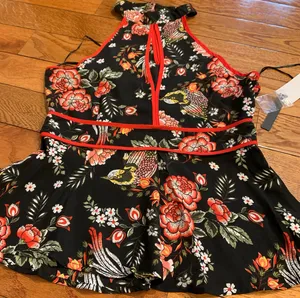 LILY black floral and bird design peplum /halter neck black sleeveless top M thumbnail 10