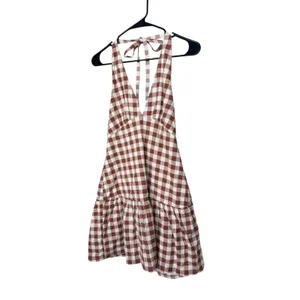 Free‎ People Cecil Mini Dress Brown Patina Combo Gingham Halter Size M thumbnail 3