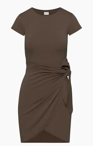Wilfred Aritzia Lune Mini Dress Brown Short Sleeve Tie Wrap Women's M thumbnail 1