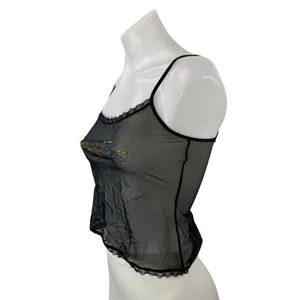 Savage x Fenty Black Rhinestone Logo Lace Sheer Mesh Cami Tank Crop Top Size XS thumbnail 2