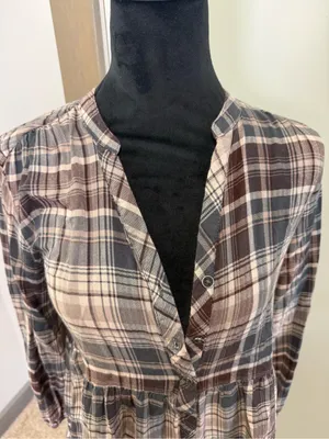 Knox Rose Babydoll Tunic Top Plaid V-Neck Button Down Long Sleeve Blouse Fall S‎ thumbnail 2