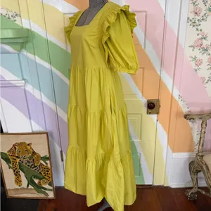 English Factory Chartreuse Square Neck Flutter Sleeve Tiered Midi Dress Sz S 🧡🍄 thumbnail 5
