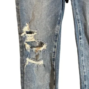 American Eagle Women’s Blue Distressed Shark Bite Fringe Denim Jeans Size 0R thumbnail 6