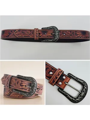 NWOT Women's Nocona Western Sunflower Embossed Leather Belt Brown Silver thumbnail 2