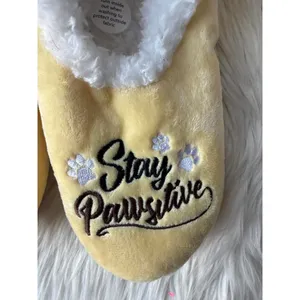 Yellow Plush Women's Slippers with 'Stay Pawssitive' Embroidery thumbnail 3