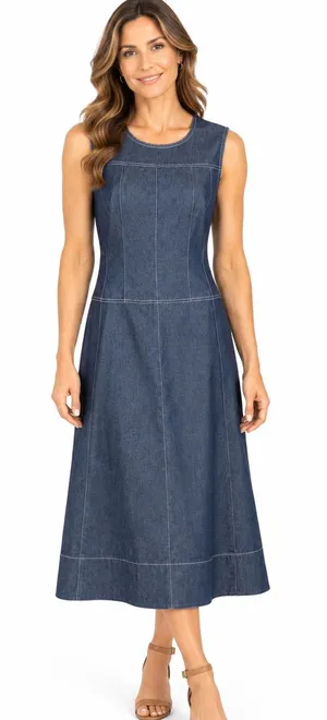 DONNA KARAN New York Denim Paneled A-Line Midi Dress POCKETS Size 10 thumbnail 1