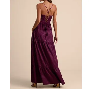 NEW Lulus Vasilia Plum Purple Satin Jacquard Full Tiered Corset Maxi Dress Small thumbnail 3