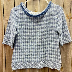 Sara Campbell top small rough texture checkered pattern cotton blend fluffy trim Blue thumbnail 1