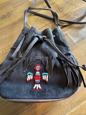 MINNETONKA Vintage Suede Fringe Leather Beaded ThunderBird Bucket Crossbody Bag thumbnail 3