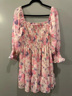 Peach Love Floral Square Neck Ruffle Sleeve Babydoll Dress thumbnail 1