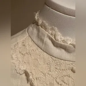 1970’s Prairie-Style Delicate Vintage Cream Puff Sleeves high neck bodice, waist thumbnail 9
