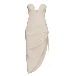 PLT NWT Small Sand Neutral Plunge Asymmetrical Midi Dress Summer Chic Vacation thumbnail 5
