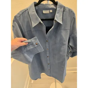 Joan Rivers Womens 1X Blue Faux Suede Button Down Shirt Long Sleeve Shacket Top thumbnail 3