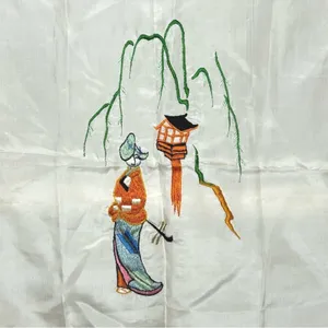 Vintage Japanese Embroidered Silk Handkerchief Geisha‎ Pagoda Willow Tree Art thumbnail 2
