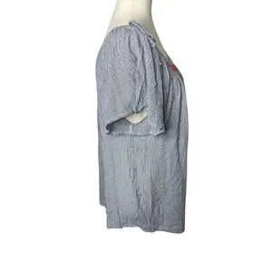 NWT Maurices Women’s XL Blue White Striped Embroidered Peasant Blouse thumbnail 2