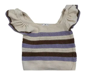 MNG Mango Beige Striped Knit Ruffle Flutter Sleeve Square Neck Cropped Top S thumbnail 1