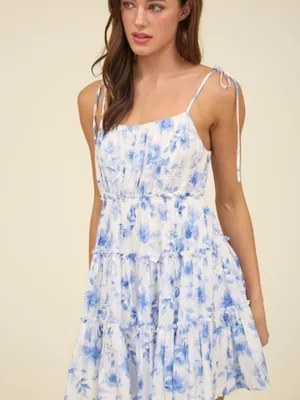 Floral Spaghetti Strap Tiered Back Tie Mini Dress Large thumbnail 3
