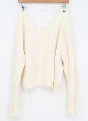 Jessica Simpson Womens XL Cream Cotton Distressed V-Neck Shaker Knit Sweater thumbnail 1