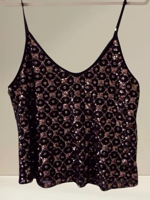 Shyanne Gold Sequin Top Black Tank Adjustable Straps Women's Medium thumbnail 1